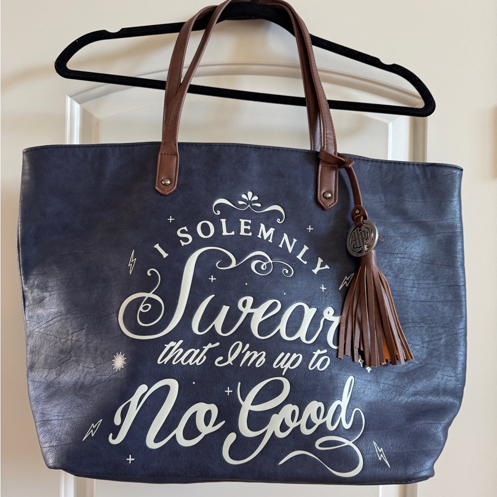 I Solemnly Swear Navy Tote Bag with Brown Straps